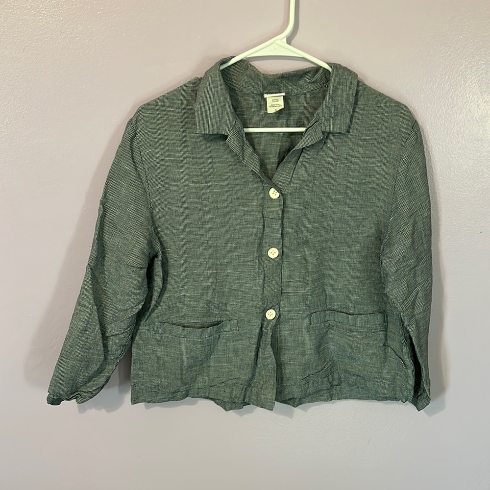 Eileen Fisher Black Patterned Linen Button Up Top - image 1